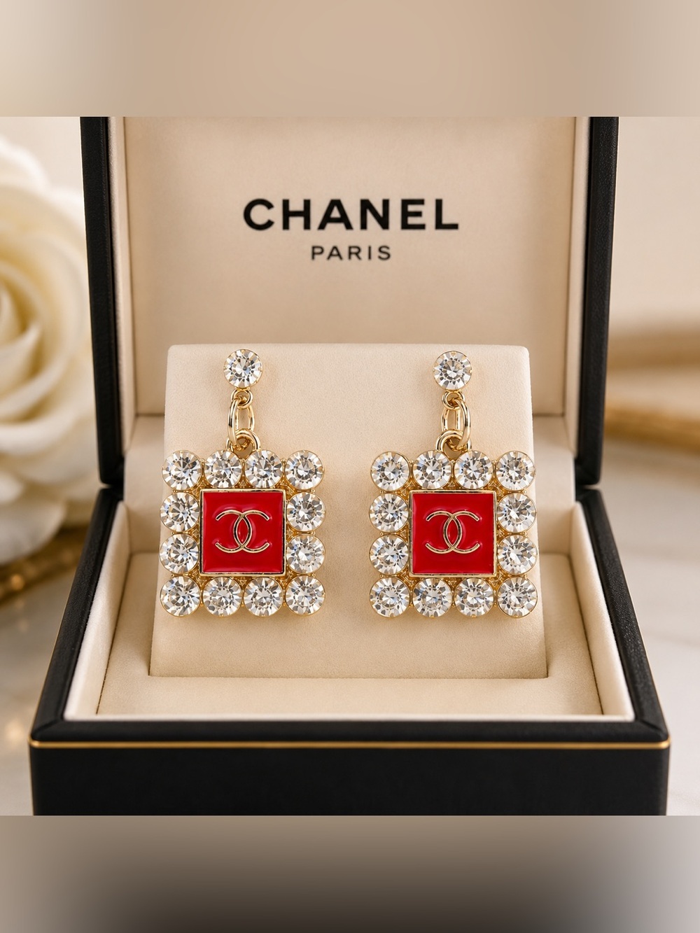 CHANEL Red Enamel Square Drop Earrings with Crystal Border